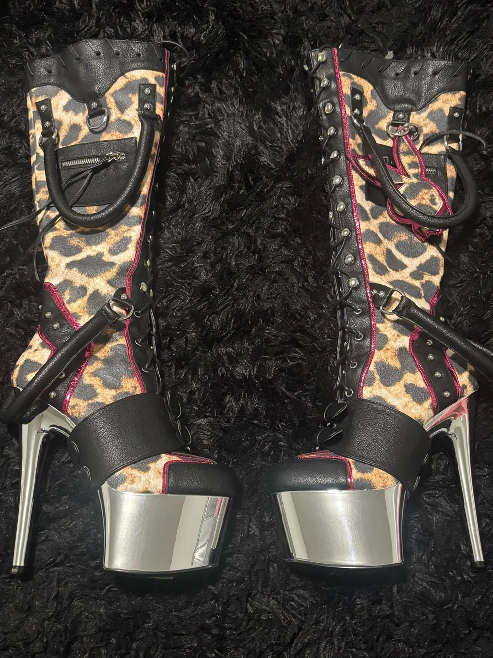 Discontinued NAMILIA Leopard Print Knee-High Platform Boots with Pink Trim